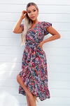 Multi Printed Wrap Over Frill Hem Short Sleeve Midi Dress