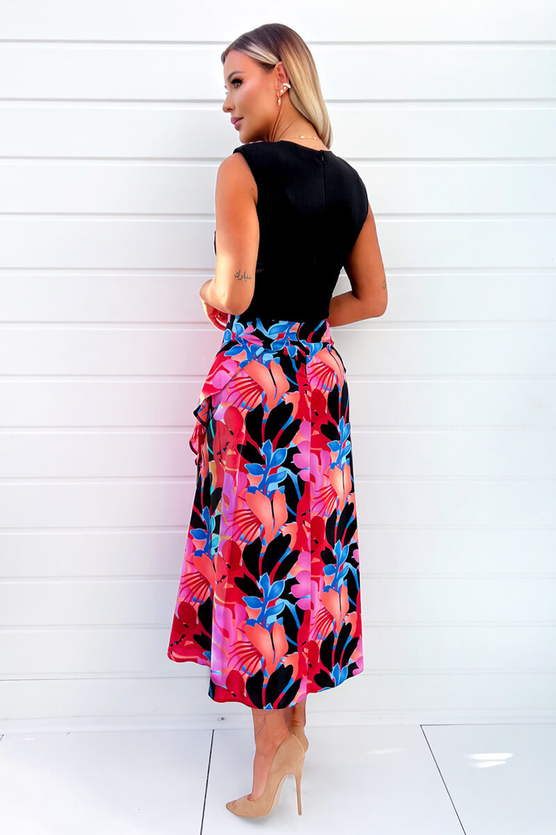 Multi Printed 2 In 1 Double Frill Split Midi Dress