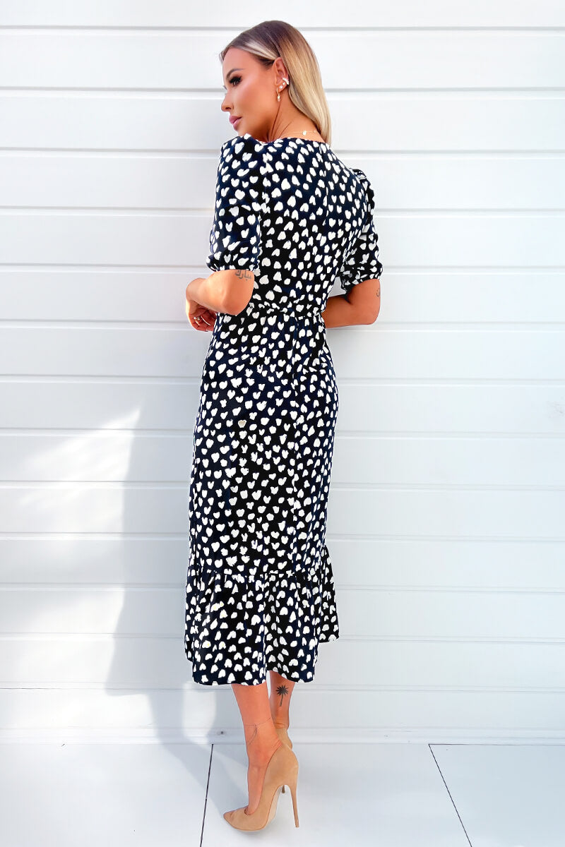 Navy Heart Printed Hoop Knot Short Sleeve Midi Dress