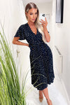 Navy Polka Dot Wrap Top Belted Pleated Midi Dress