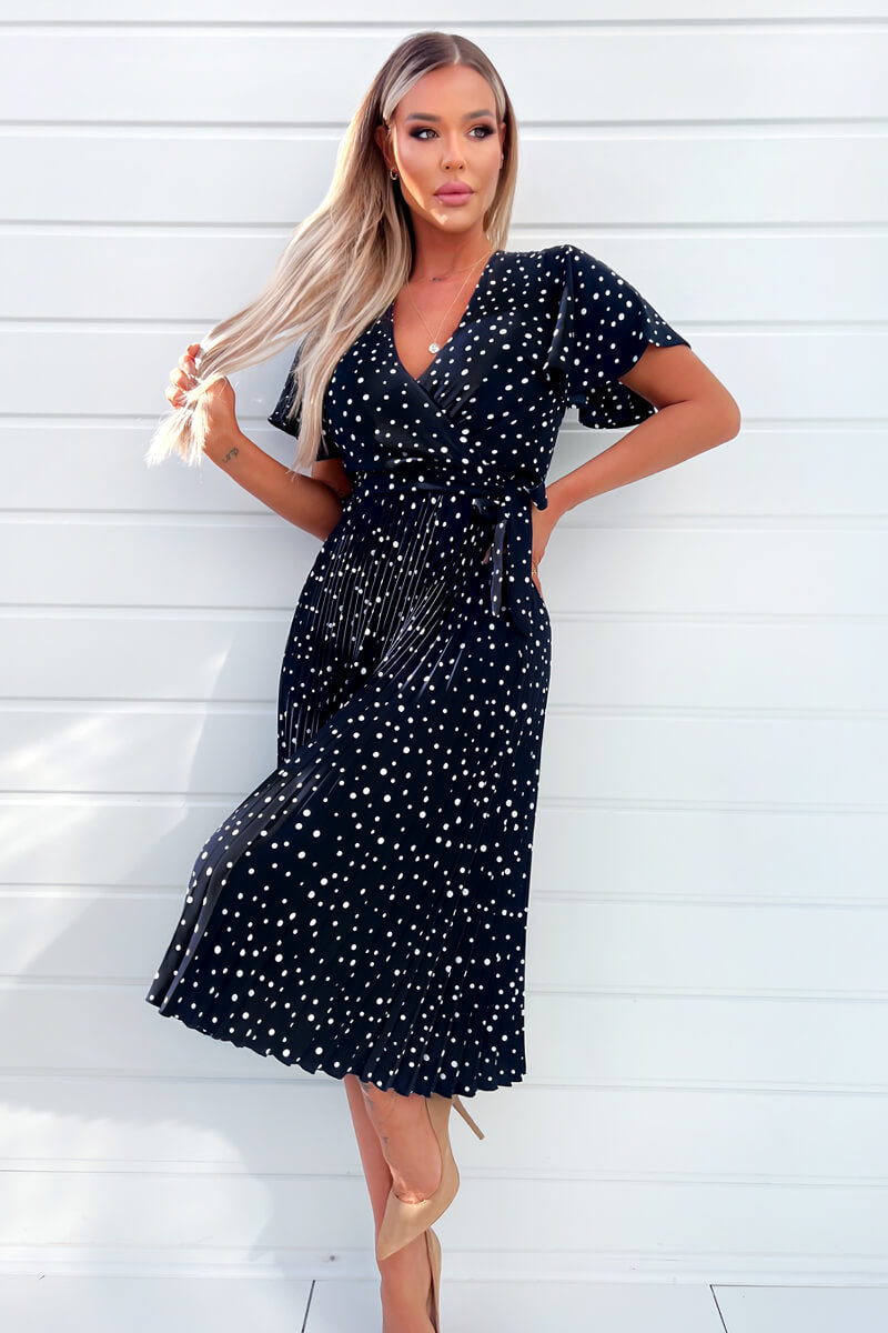 Navy Polka Dot Wrap Top Belted Pleated Midi Dress