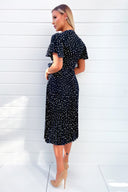 Navy Polka Dot Wrap Top Belted Pleated Midi Dress