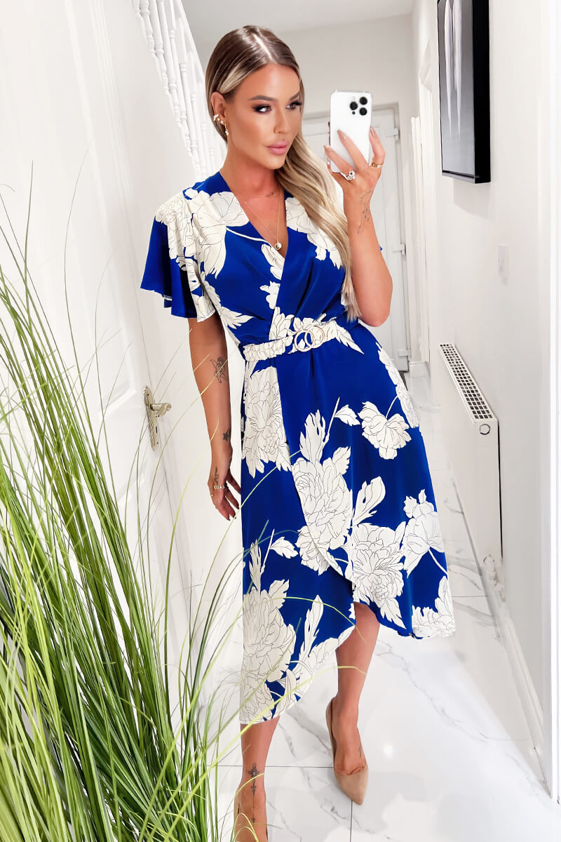 Blue And Cream Floral Printed Short Sleeve Belted Midi Dress – AX Paris US