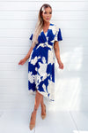 Blue And Cream Floral Printed Short Sleeve Belted Midi Dress