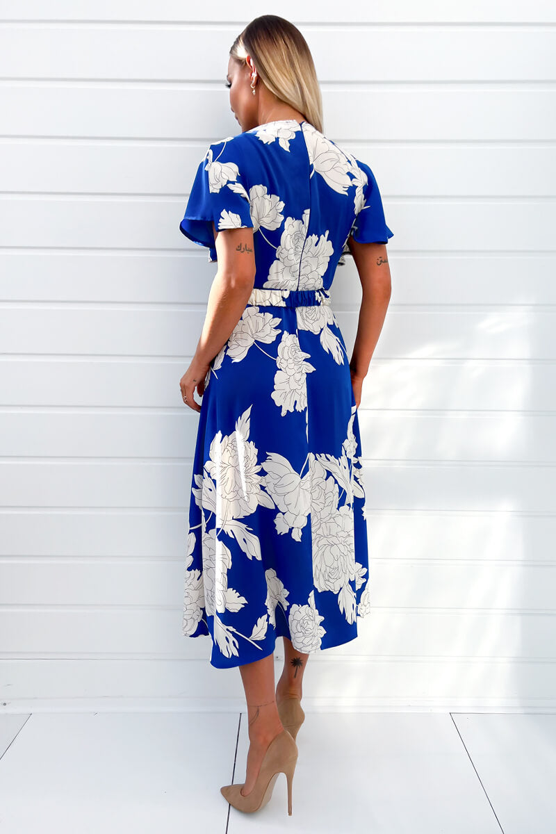 Blue And Cream Floral Printed Short Sleeve Belted Midi Dress