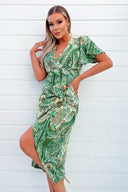 Green Paisley Printed V-Neck Belted Wrap Midi Dress