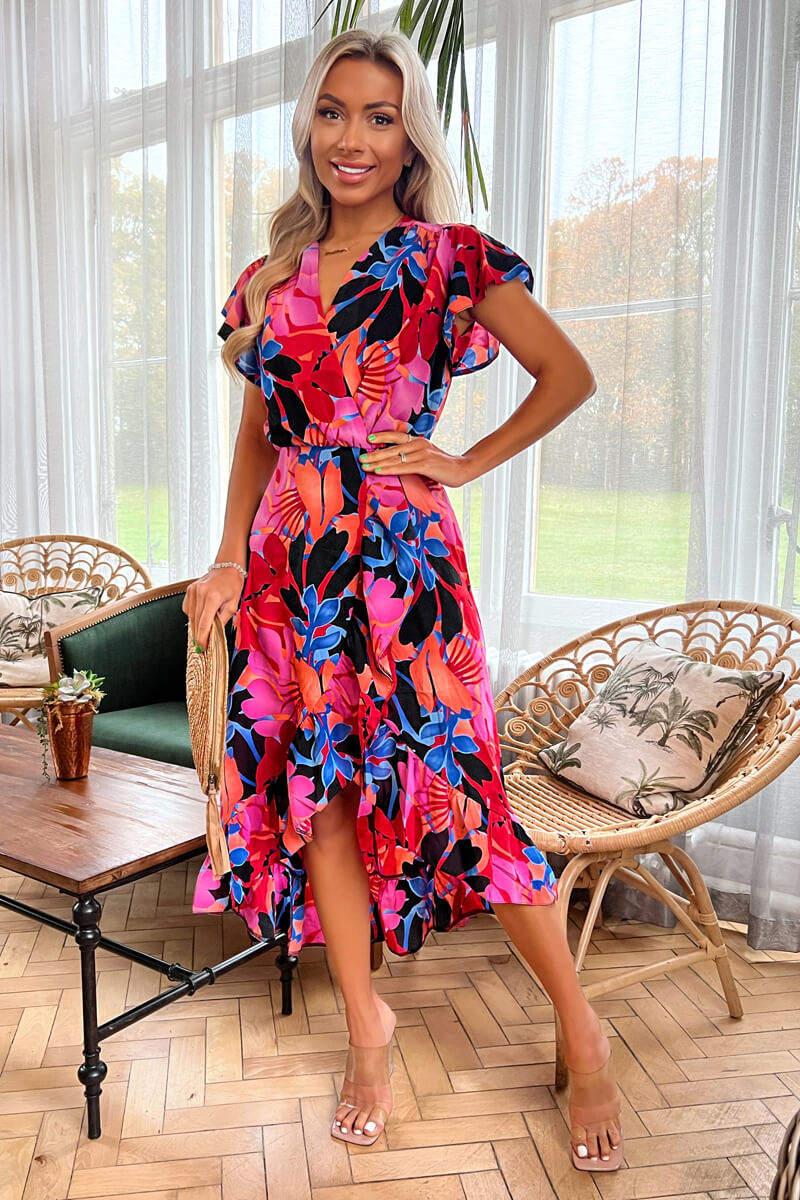 Multi Floral Printed Wrap Over Top Frill Hem Midi Dress AX Paris US Multi Floral Printed Wrap Over Top Frill Hem Midi Dress AX Paris US