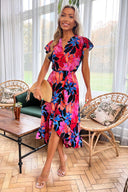 Multi Floral Printed Wrap Over Top Frill Hem Midi Dress