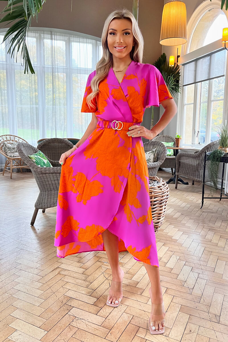 Pink And Orange Floral Print Belted Wrap Midi Dress