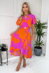 Pink And Orange Floral Print Belted Wrap Midi Dress