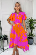 Pink And Orange Floral Print Belted Wrap Midi Dress