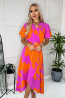 Pink And Orange Floral Print Belted Wrap Midi Dress