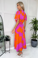 Pink And Orange Floral Print Belted Wrap Midi Dress