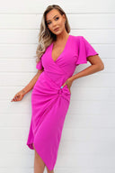 Hot Pink Short Sleeve V-Neck Buckle Wrap Midi Dress