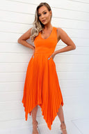 Blood Orange V-Neck Pleated Skirt Midi Dress