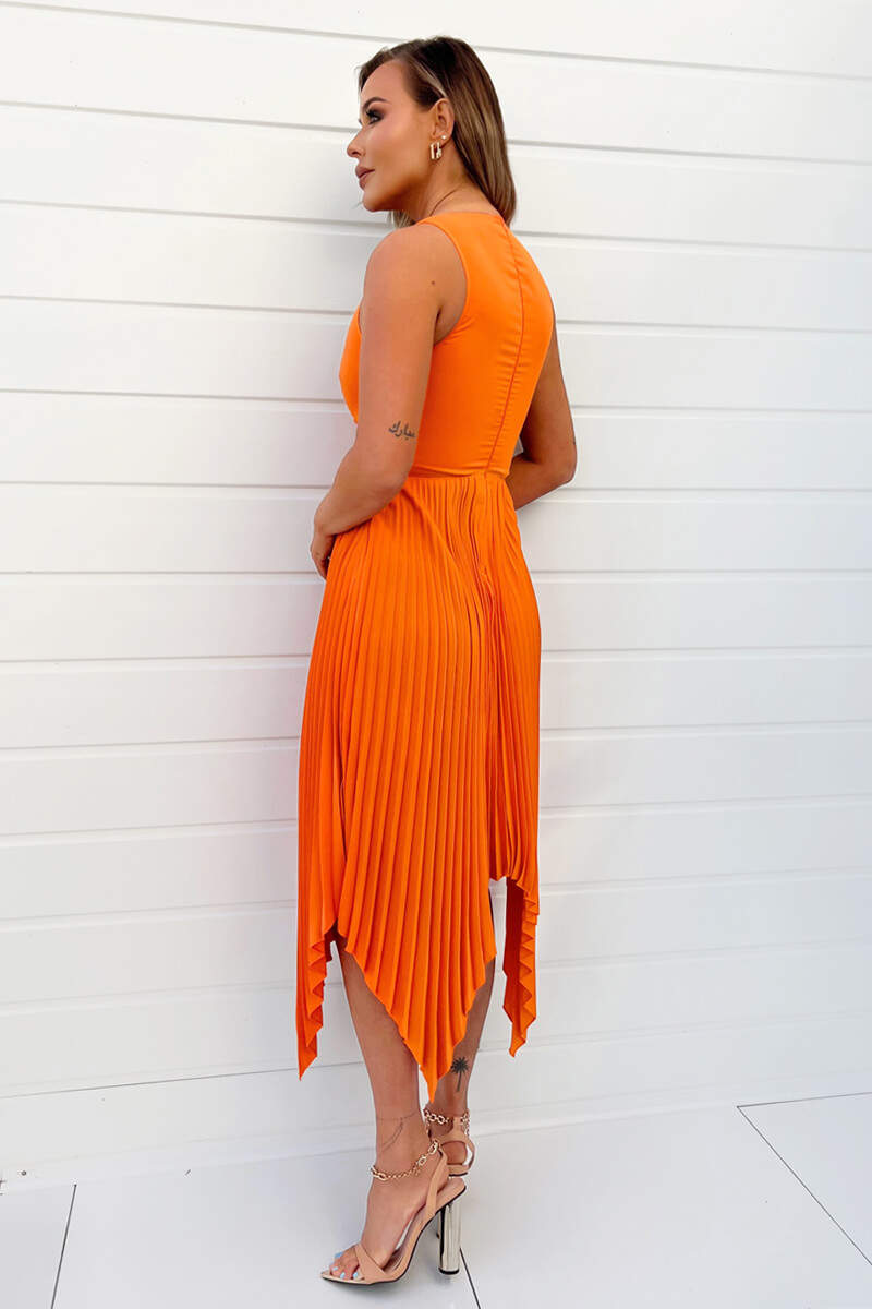 Blood Orange V-Neck Pleated Skirt Midi Dress