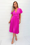 Hot Pink Pleated Midi Dress with Tie Waist