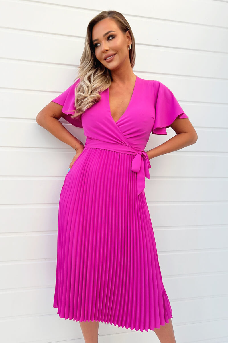 Hot Pink Pleated Midi Dress with Tie Waist