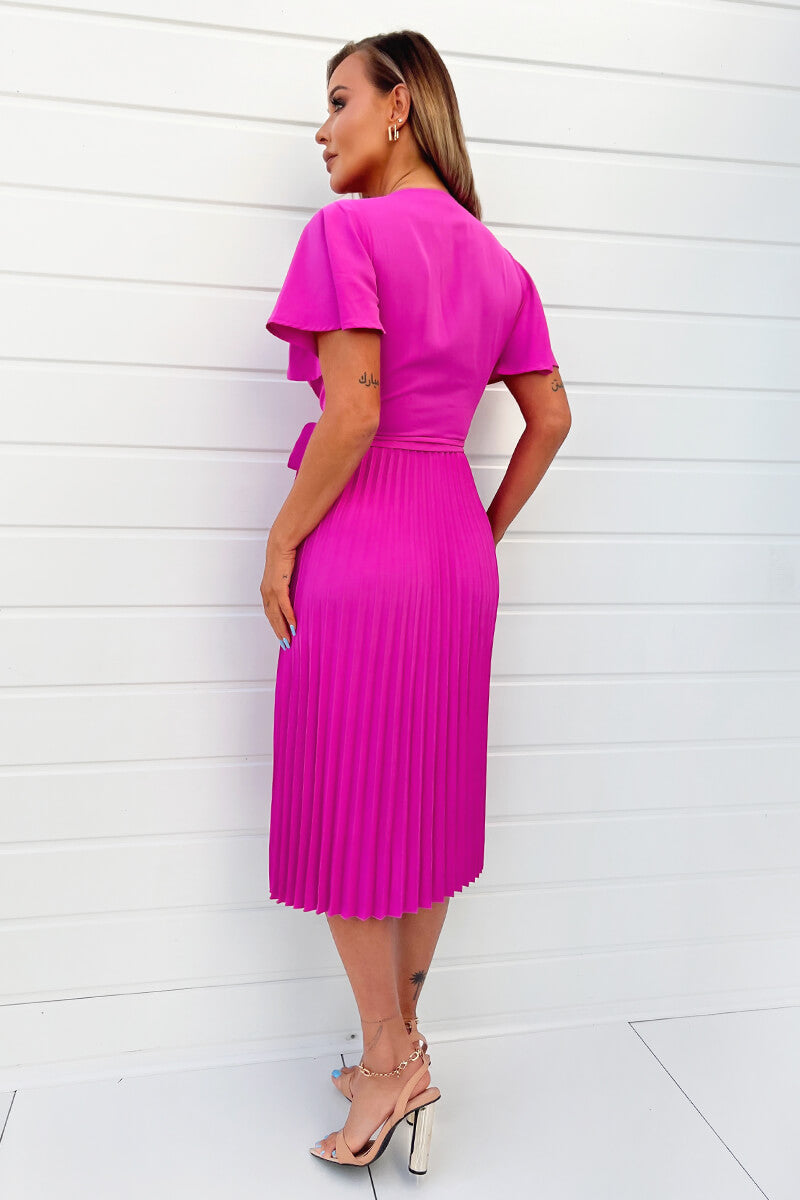 Hot Pink Pleated Midi Dress with Tie Waist