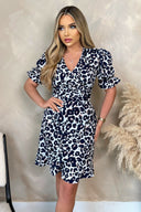 Cream Pink And Navy Animal Print Short Sleeve Ruched Front Mini Dress