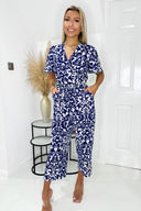 Navy and Cream Printed Wrap Top Short Sleeve Belted Jumpsuit