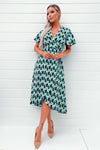 Green and Navy Printed Wrap Top Midi Dress