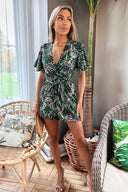 Green Printed Wrap Top Belted Playsuit