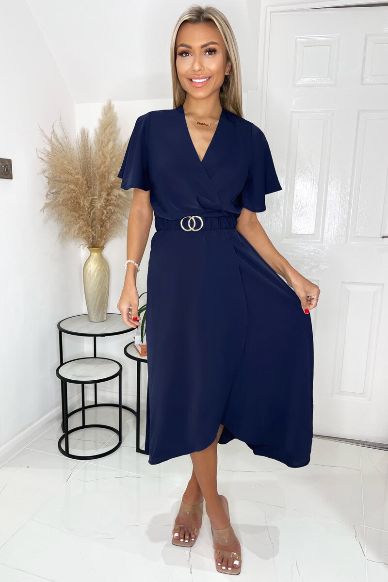 Navy Short Sleeve Belted Wrap Midi Dress AX Paris US