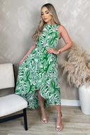 Green Printed Round Neck Sleeveless Wrap Skirt Midi Dress