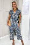 Blue Paisley Printed Wrap Front Short Sleeve Jumpsuit