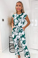 Green And White Floral Frill Sleeve Tie Waist Playsuit