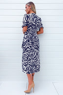 Navy and Cream Zebra Printed Wrap Skirt Midi Dress