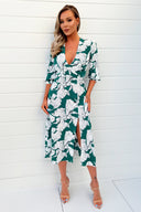 Green And White Floral Print Wrap Top Midi Dress