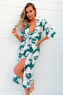 Green And White Floral Print Wrap Top Midi Dress