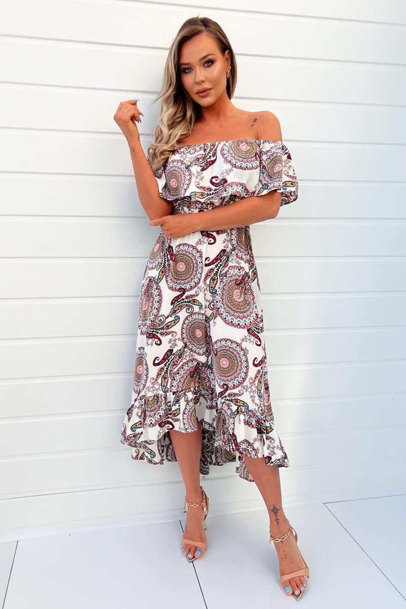 Cream Paisley Printed Bardot Style Midi Dress