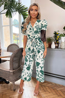 Cream And Green Printed Wrap Over Tie Waist Jumpsuit