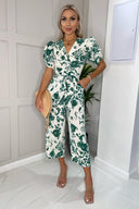 Cream And Green Printed Wrap Over Tie Waist Jumpsuit