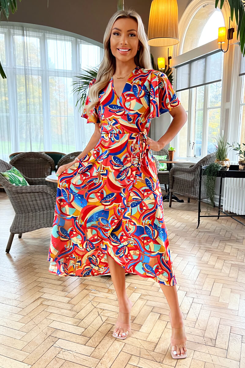 Multi Printed Butterfly Sleeve Wrap Midi Dress  AX Paris US