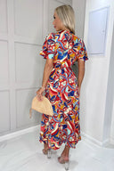 Multi Printed Butterfly Sleeve Wrap Midi Dress