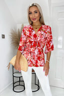 Red Floral Front Tie Wrap Top