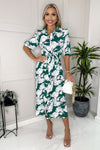 Green And White Floral Printed 3/4 Sleeve Midi Shirt Dress