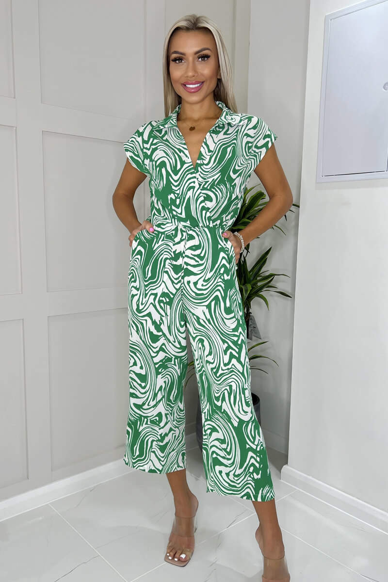 Green And White Printed V Neck Wrap Top Jumpsuit