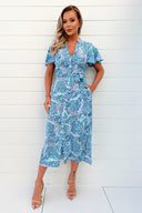 Blue Printed Short Sleeve Belted Button Up Shirt Dress