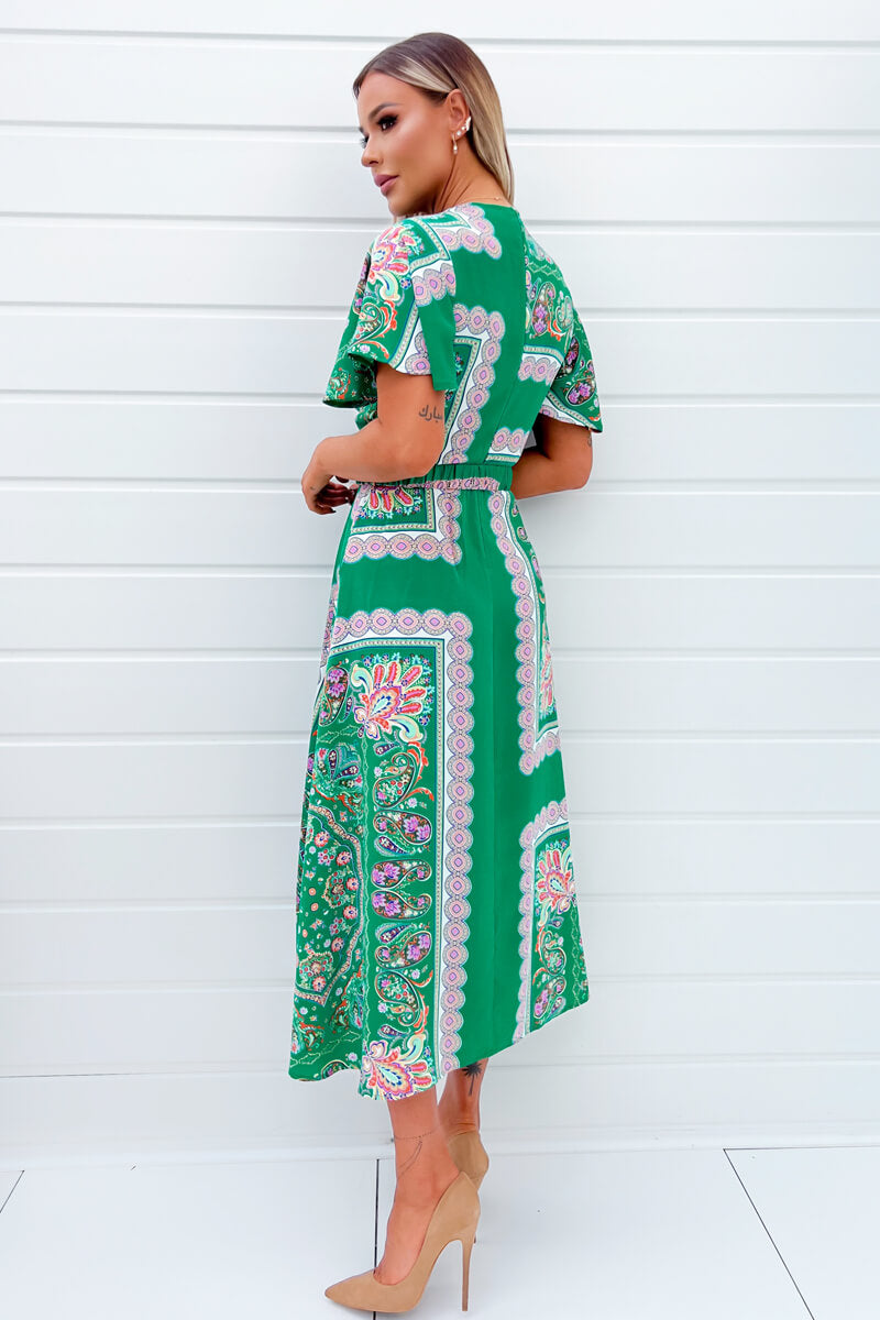 Green Paisley Printed Short Sleeve Belted Midi Dress