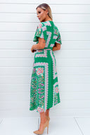 Green Paisley Printed Short Sleeve Belted Midi Dress