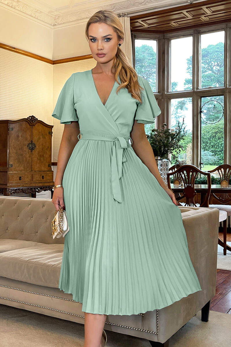 Duck Egg Pleated Midi Dress with Tie Waist