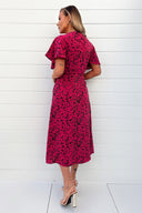 Pink And Black Printed Split Skirt Midi Dress