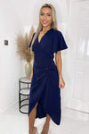 Navy Short Sleeve V Neck Gold Buckle Wrap Midi Dress