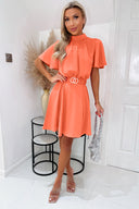 Peach Short Sleeve High Neck Belted Skater Dress