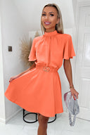 Peach Short Sleeve High Neck Belted Skater Dress